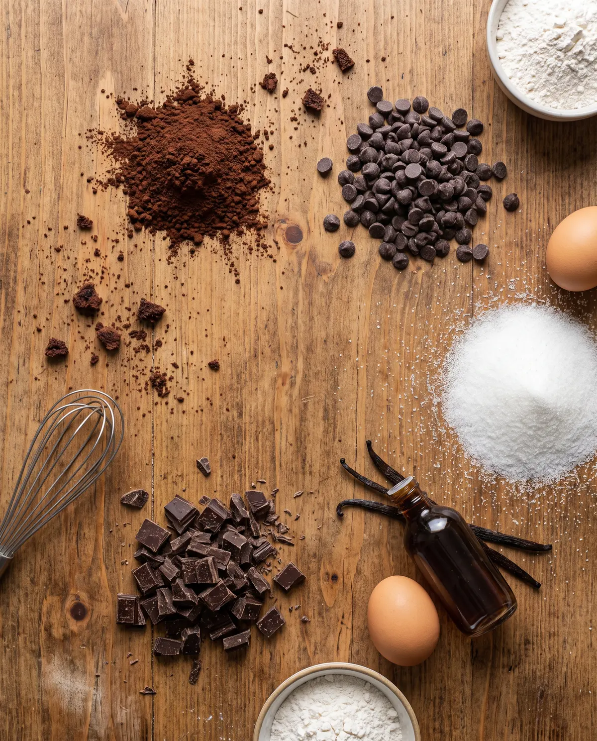 Top-down flat-lay of double chocolate biscotti ingredients on warm wood surface