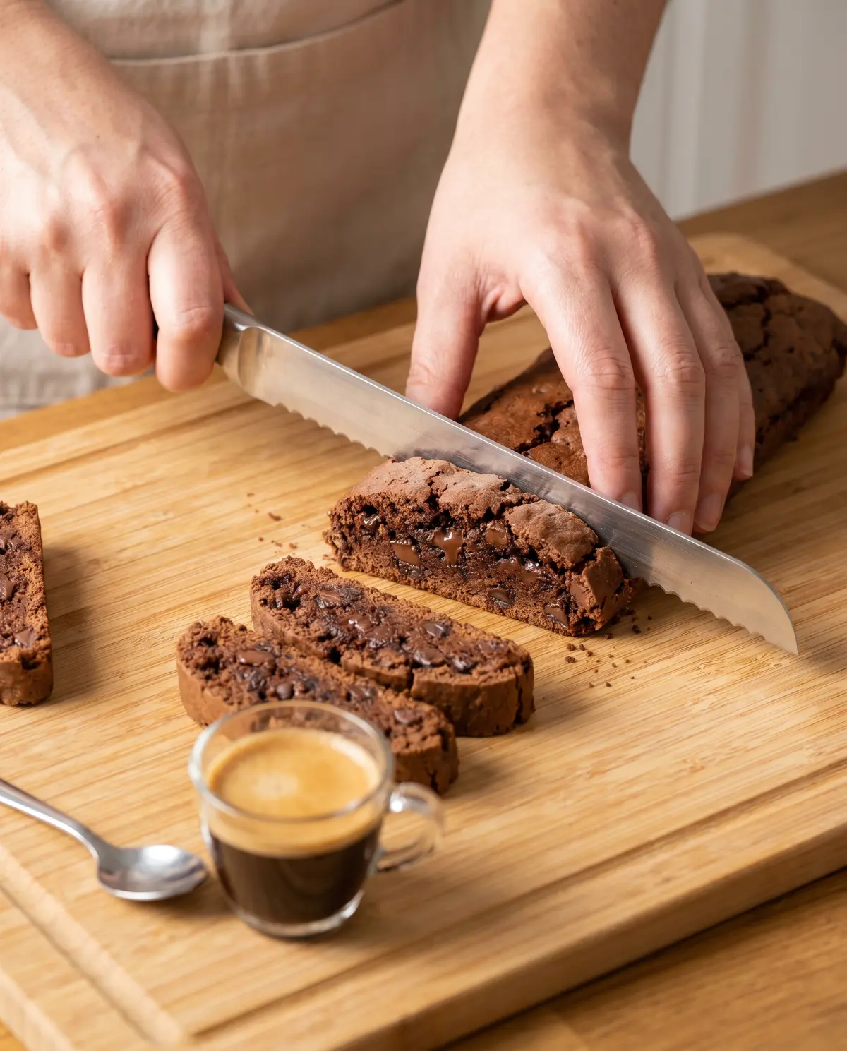 Hands slicing baked chocolate biscotti log on wooden cutting board revealing dense interior