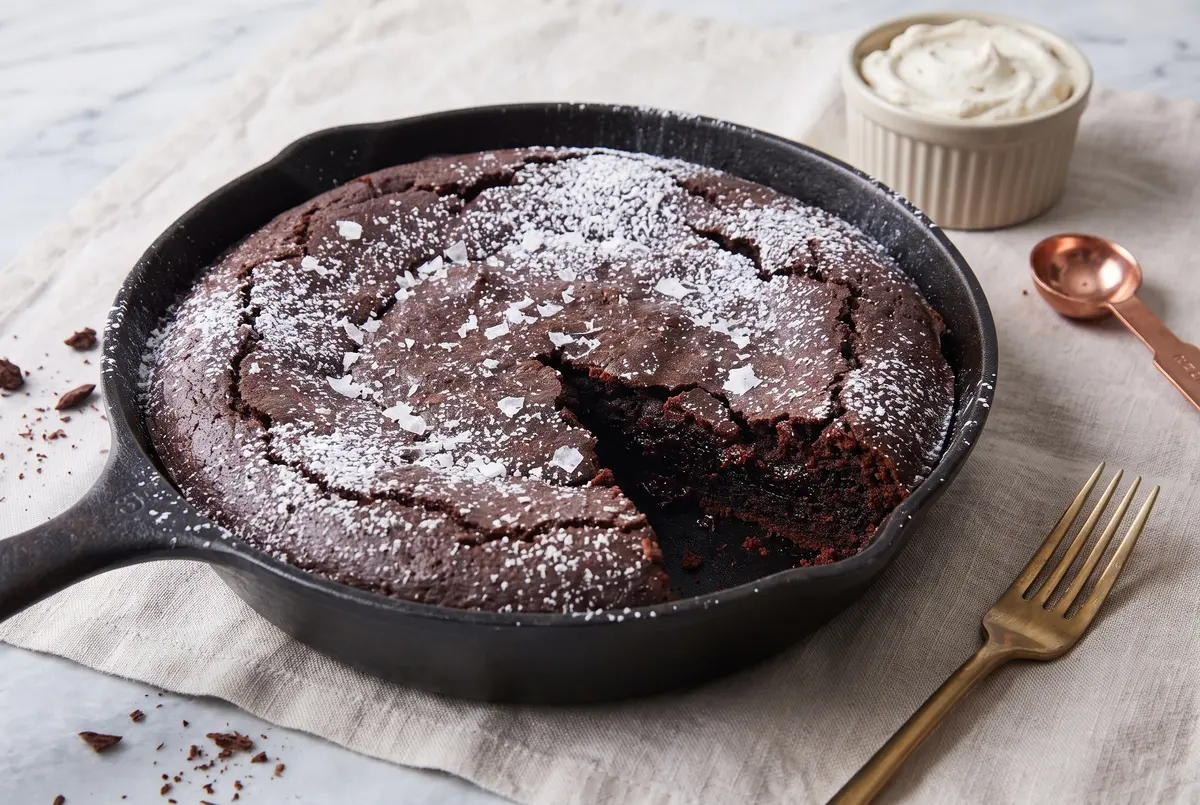 A side view of dark chocolate olive oil cake in a cast iron skillet with cardamom cream ramekin and copper spoon