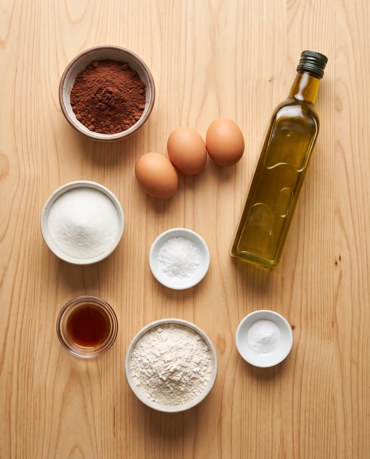 Top-down flat-lay of dark chocolate olive oil cake ingredients: cocoa, eggs, olive oil, sugar, salt, vanilla, flour, baking soda on a wood surface