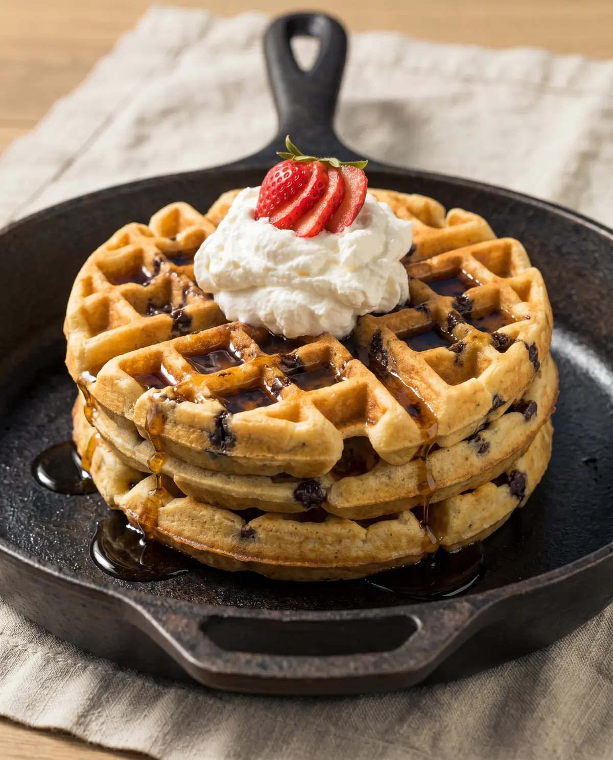 Waffles on cast iron skillet from front angle with toppings