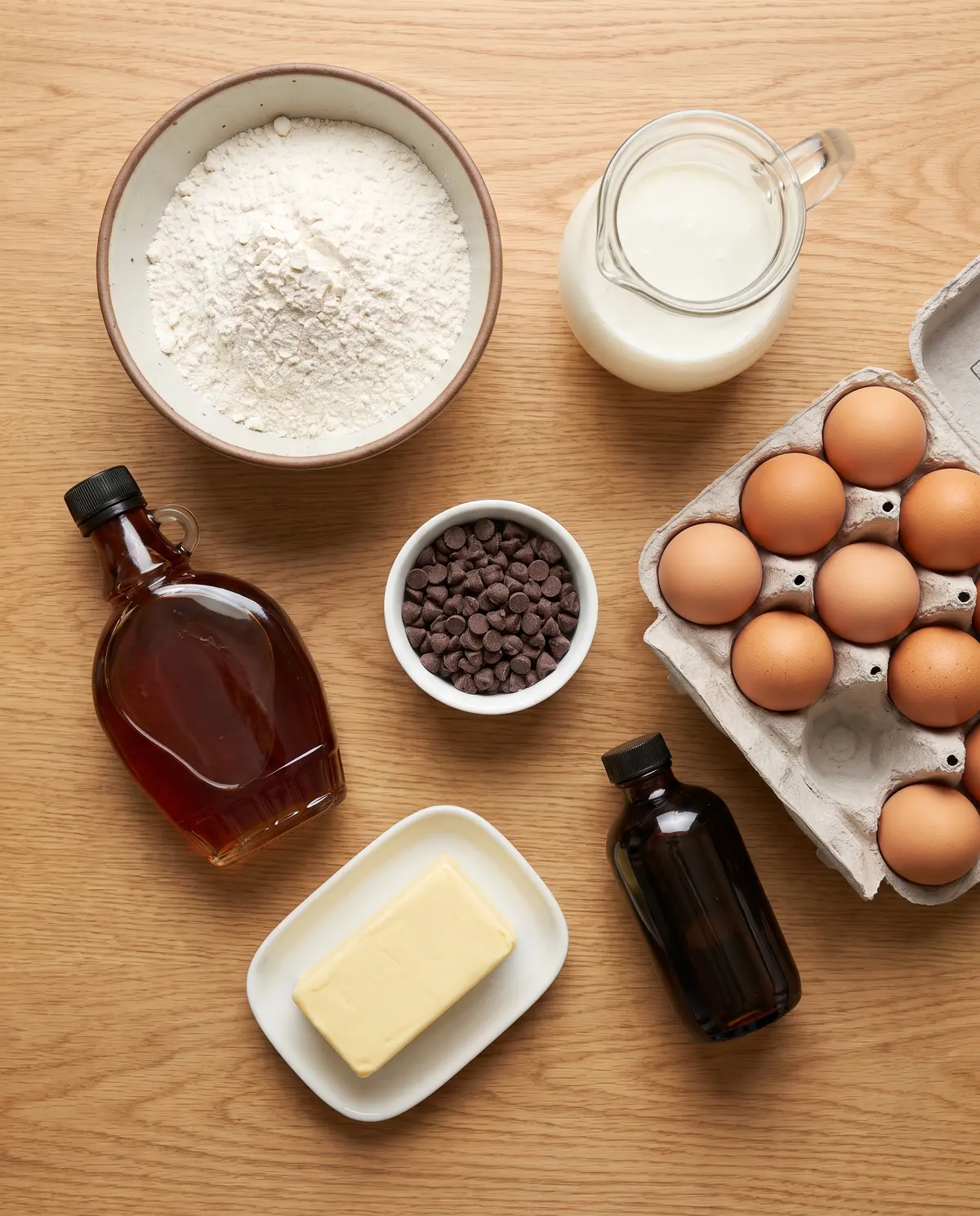 Top-down flat-lay of waffle ingredients on wood surface