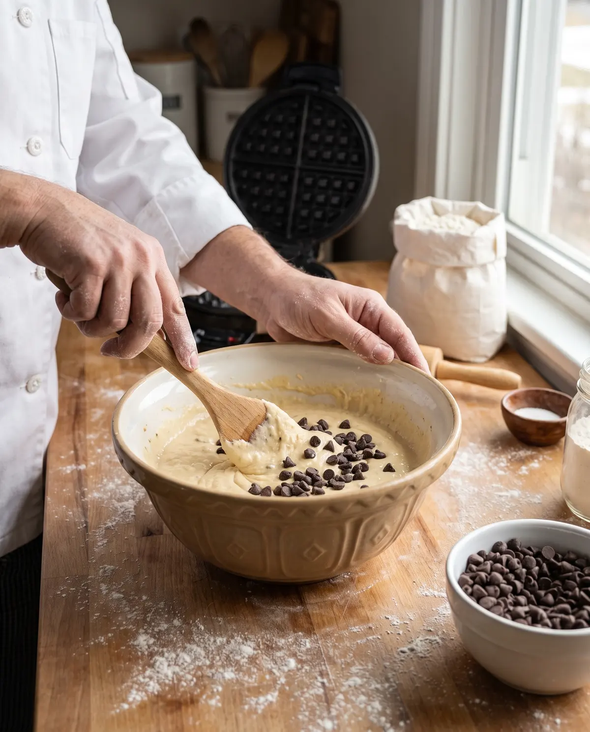Hands folding chocolate chip waffle batter on a floured counter