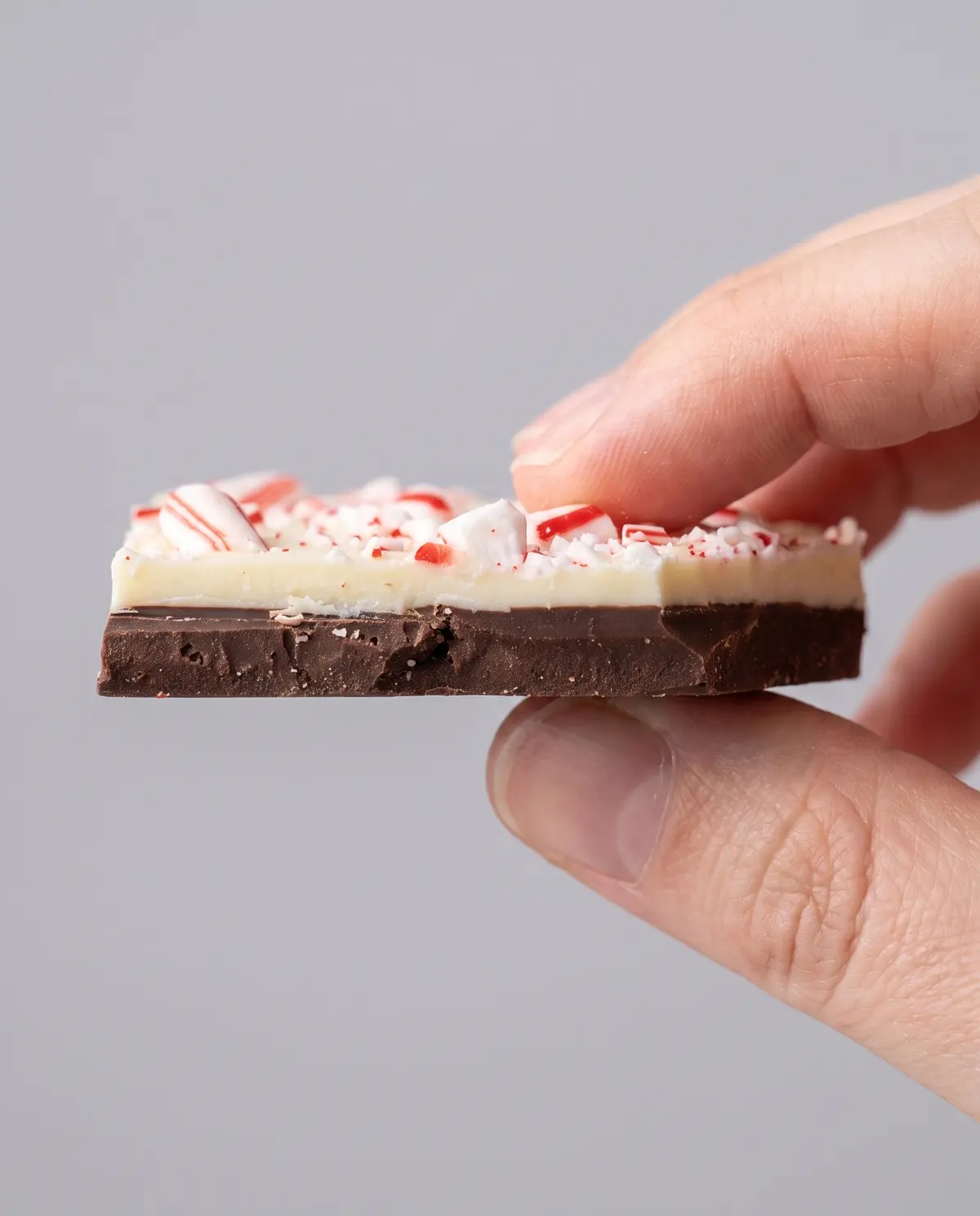 Peppermint bark piece showing layers in side profile