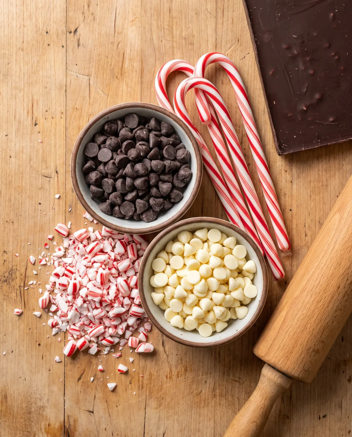 Peppermint bark ingredients on warm wood surface