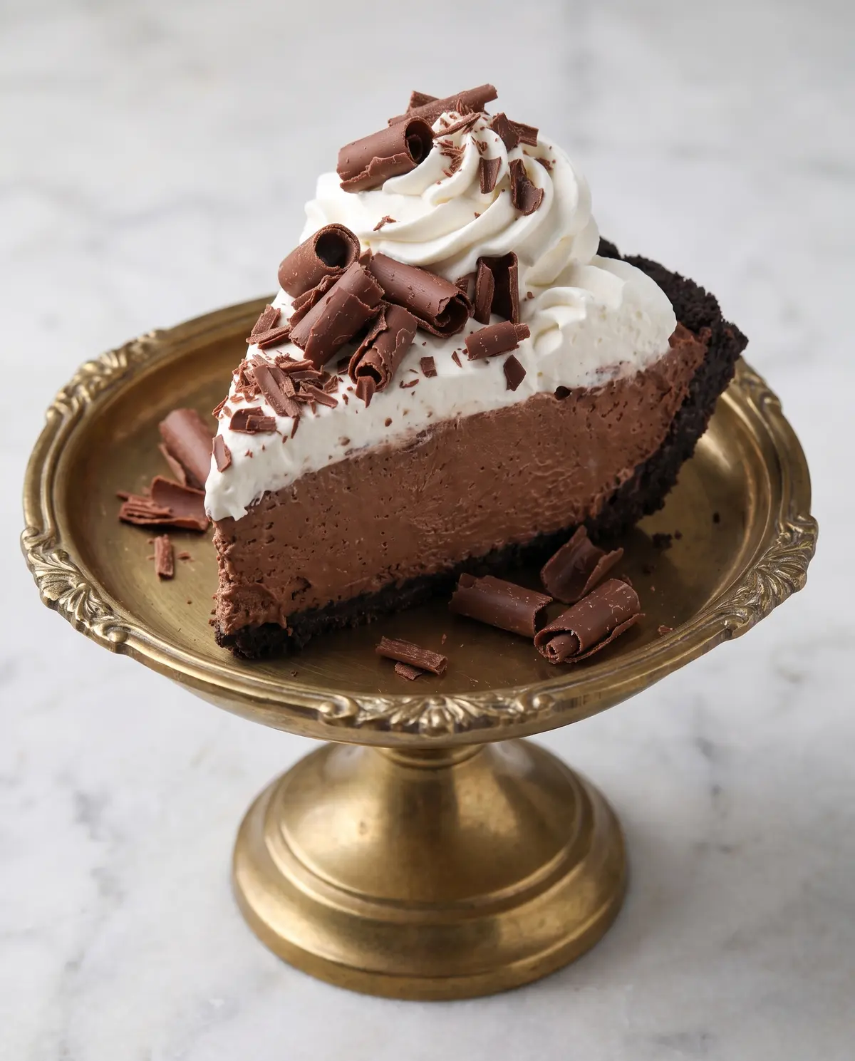 Chocolate cream pie on brass cake stand from low 3/4 angle showing layers
