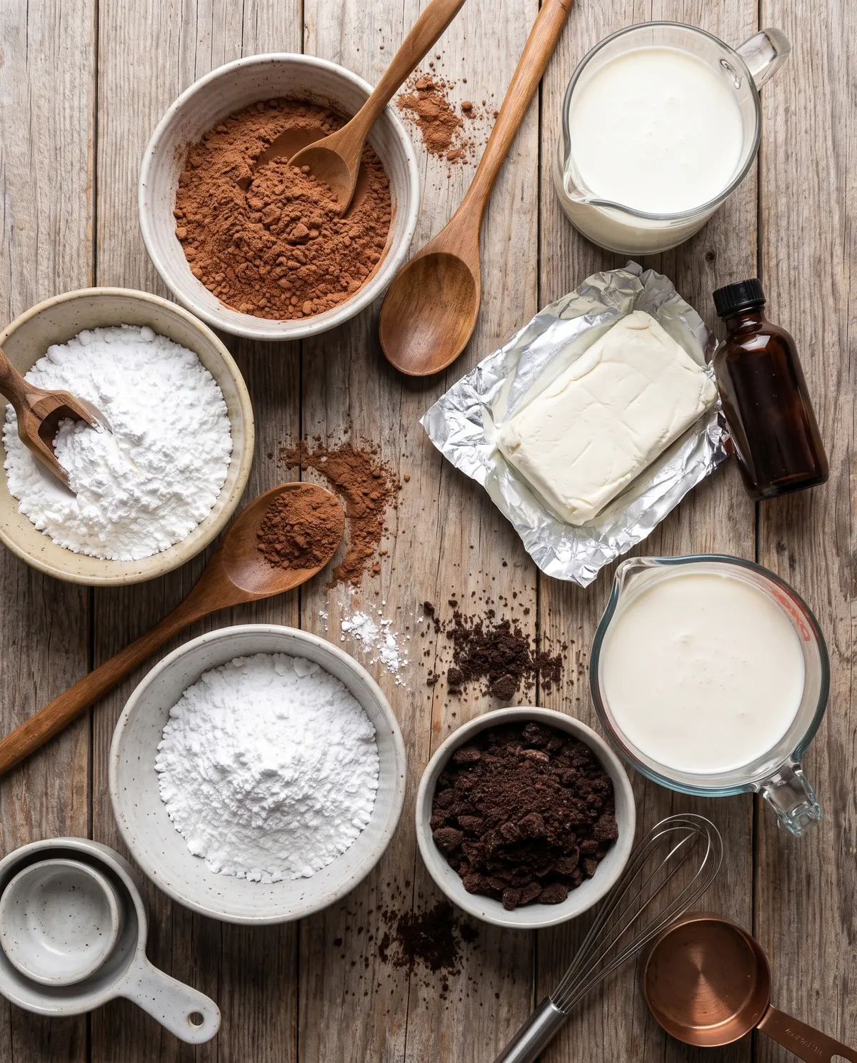 Top-down flat-lay of chocolate cream pie ingredients on warm wood surface