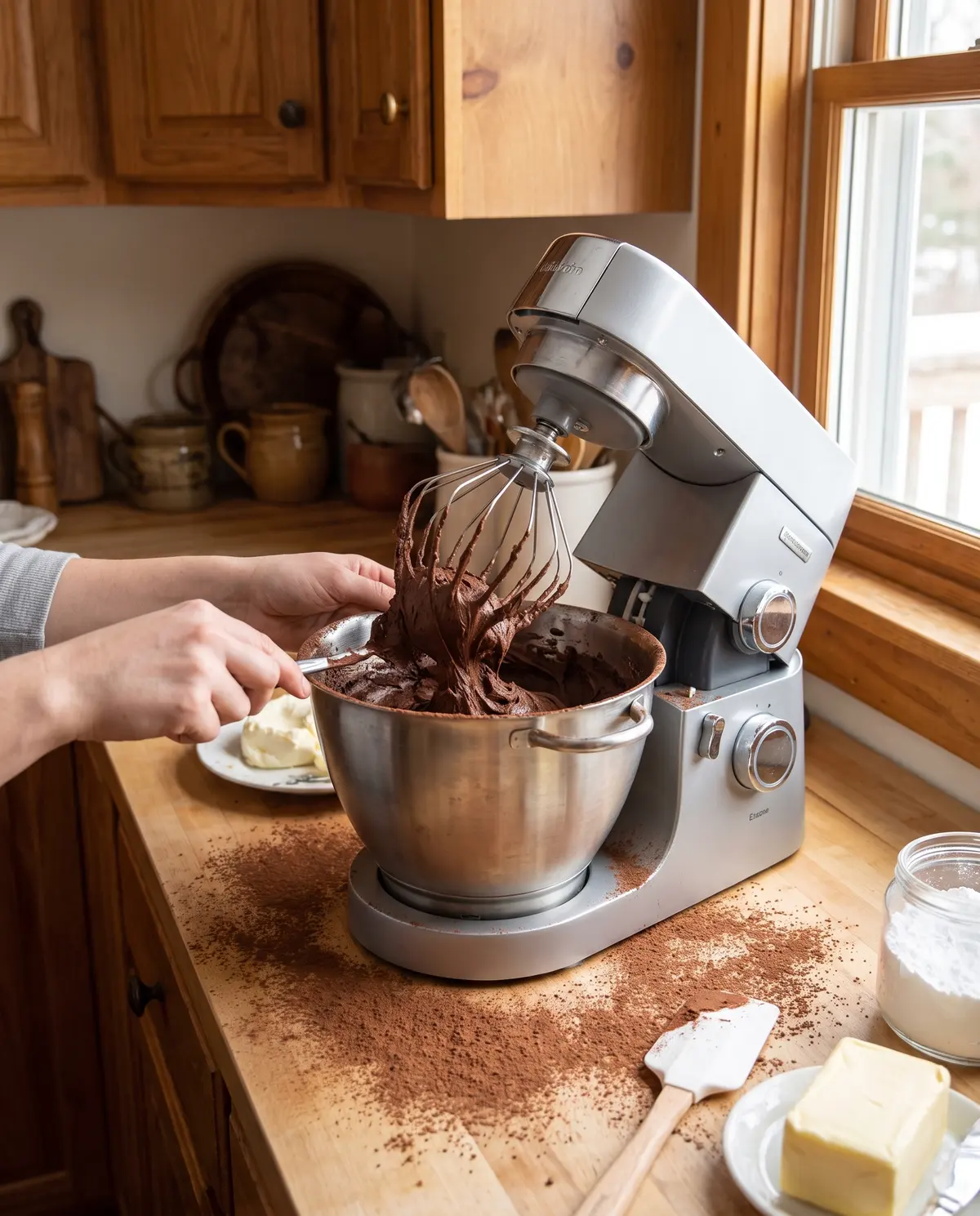 Hands beating cream cheese and cocoa in stand mixer on kitchen counter