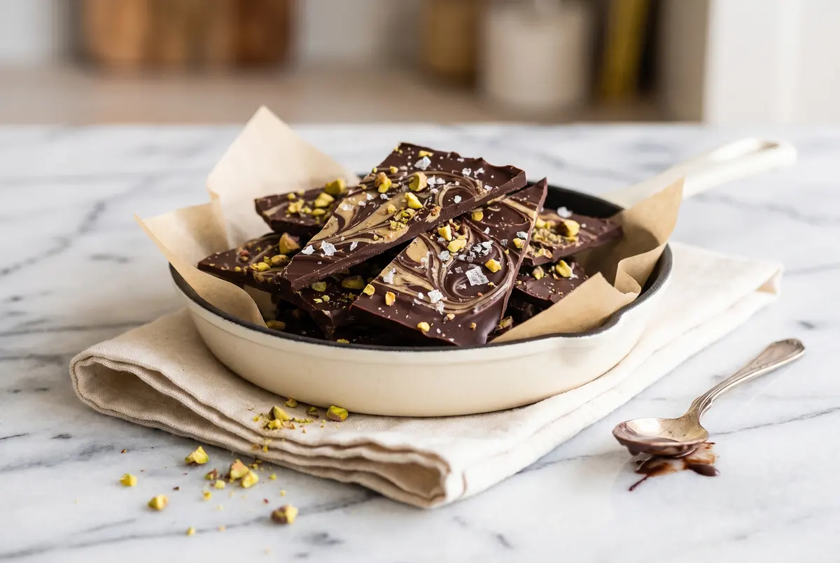 Chocolate tahini bark piled in a cast iron skillet on a linen napkin