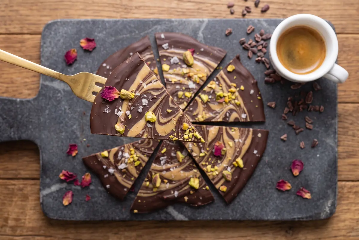 Chocolate tahini bark on a slate board with espresso