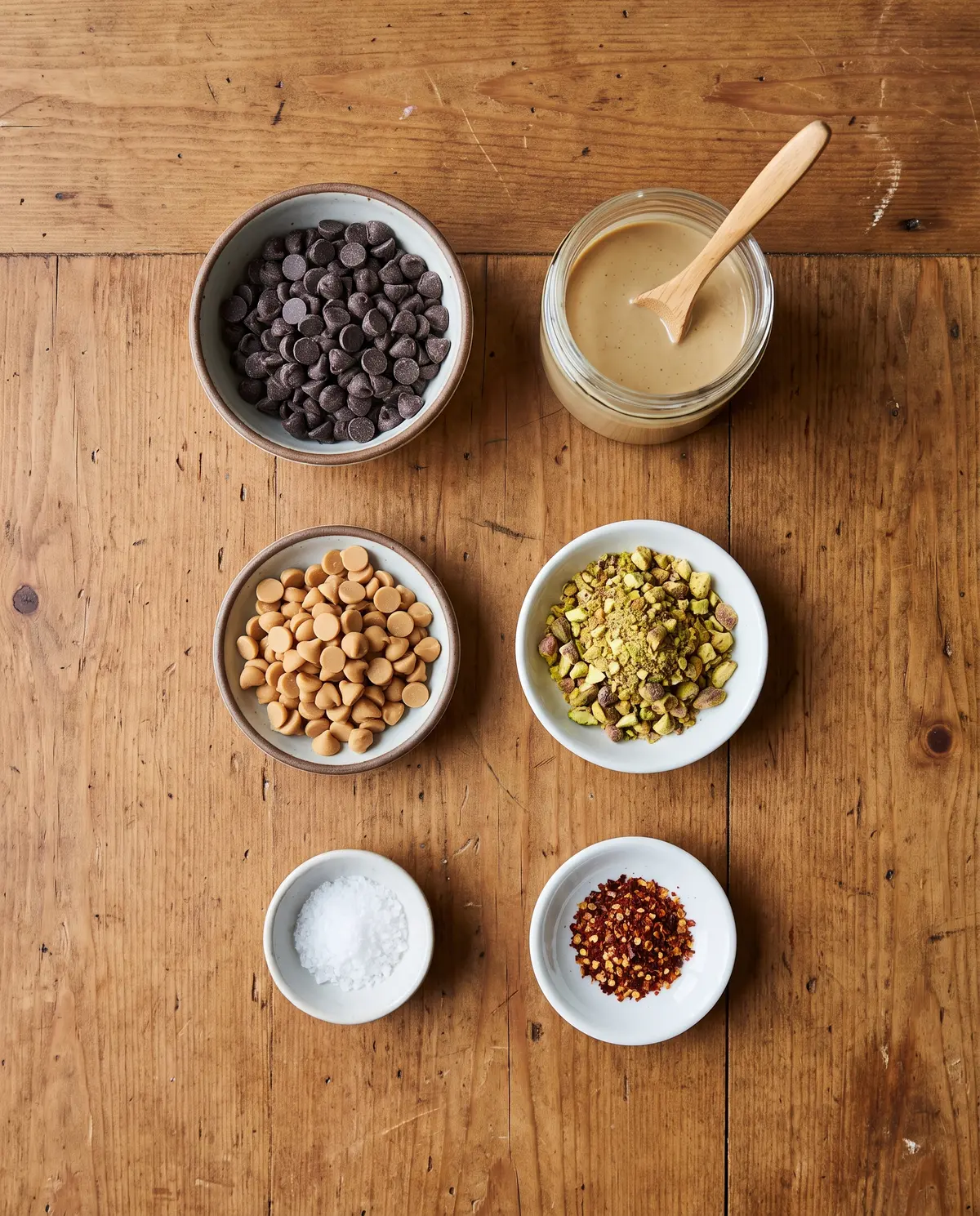 Ingredients for chocolate tahini bark arranged on a wood table