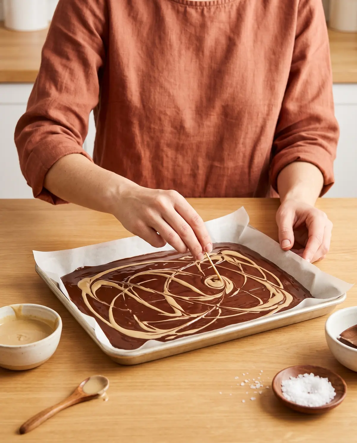 Process shot of swirling tahini into melted dark chocolate in a sheet pan