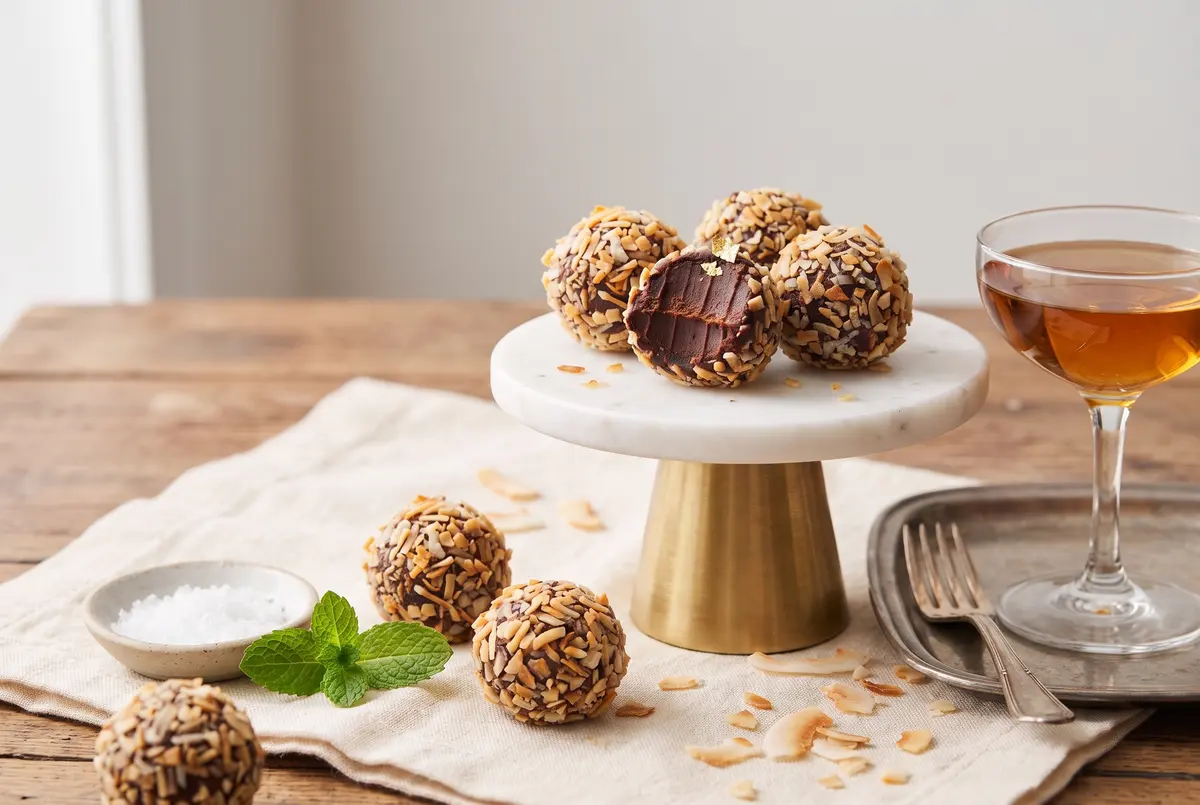 Chocolate coconut truffles on a marble cake stand with dessert wine