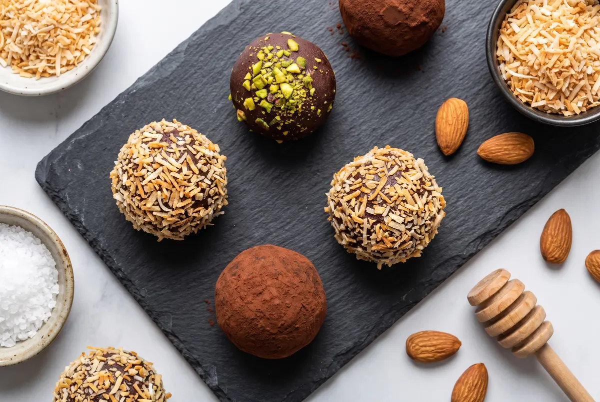 Chocolate truffles rolled in coconut, cocoa, and pistachios on a slate board