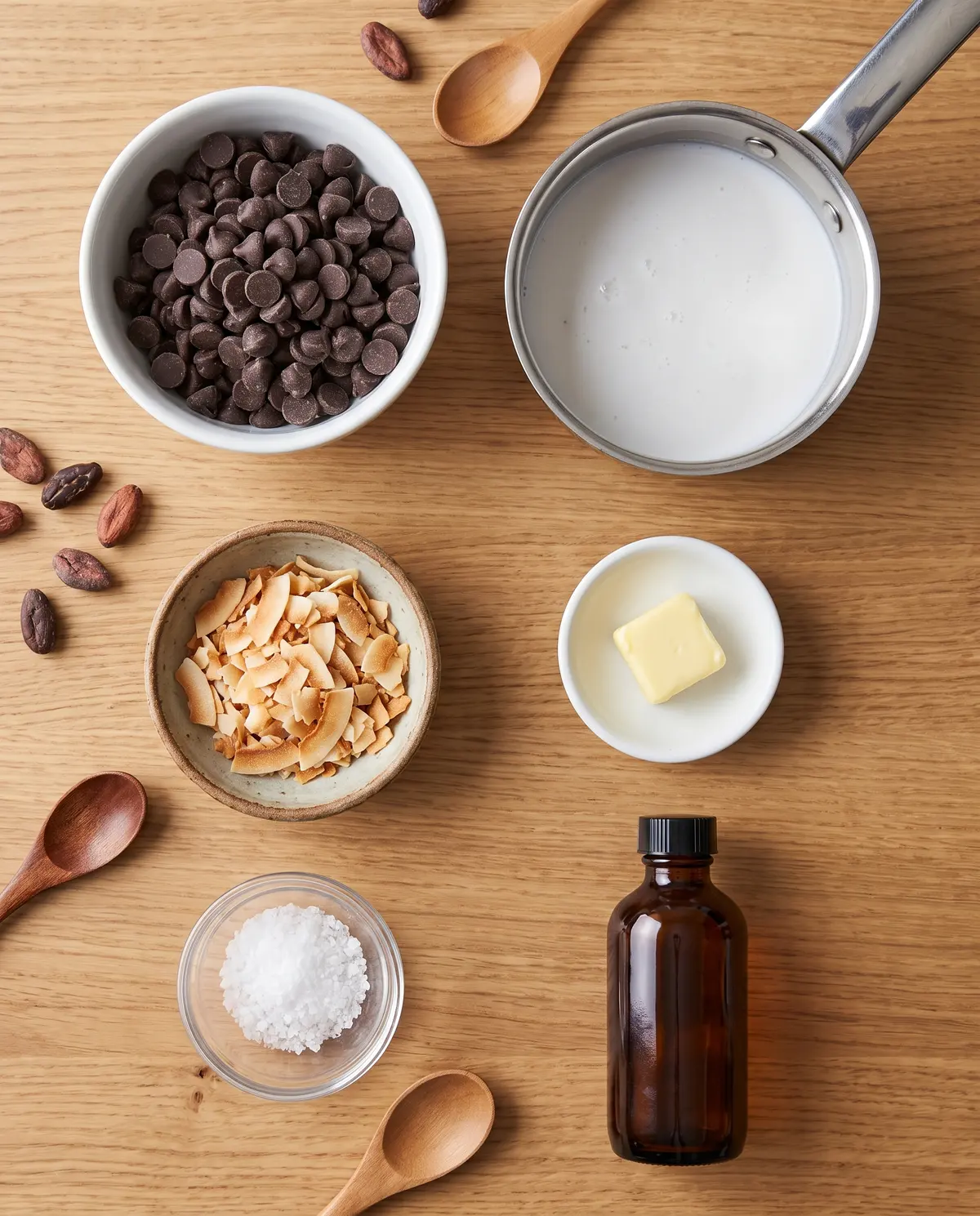 Ingredients for chocolate coconut truffles on a wood table