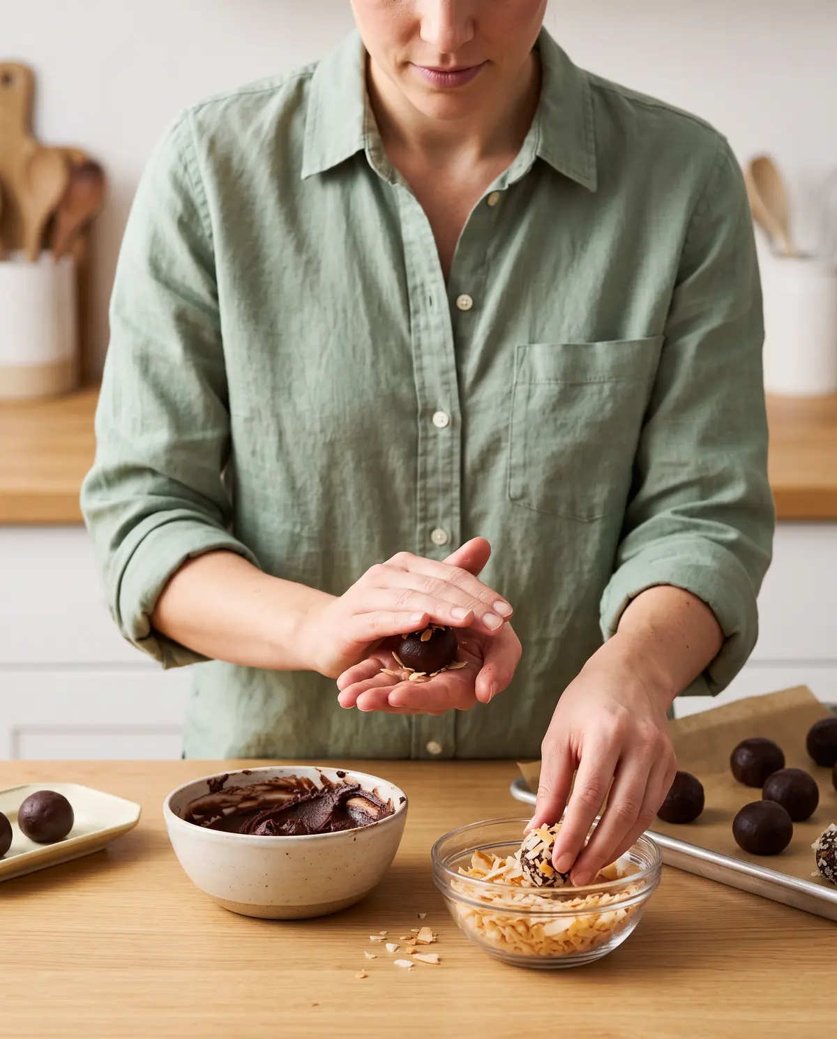 Woman rolling chocolate coconut truffles in toasted coconut