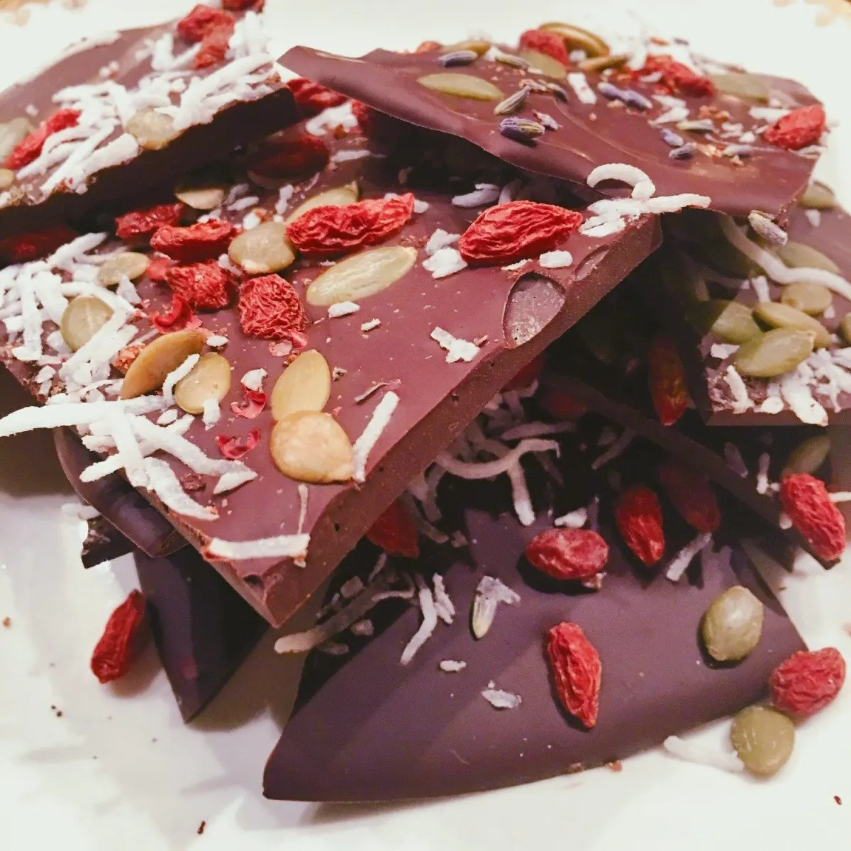 Chocolate Bark With Goji Berries, Pumpkin Seeds, and Coconut