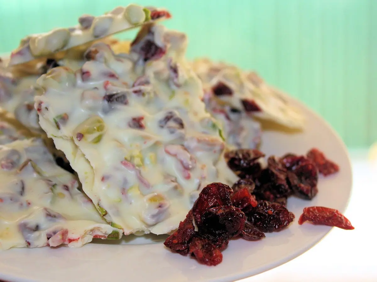White Chocolate Bark With Pistachios and Dried Cranberries