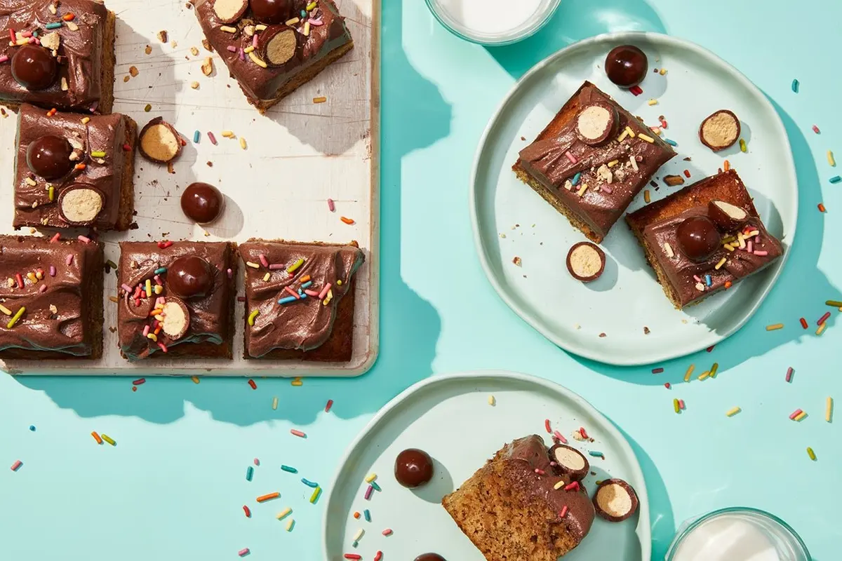 Banana Snacking Cake with Chocolate Malted Cream Cheese Frosting Recipe