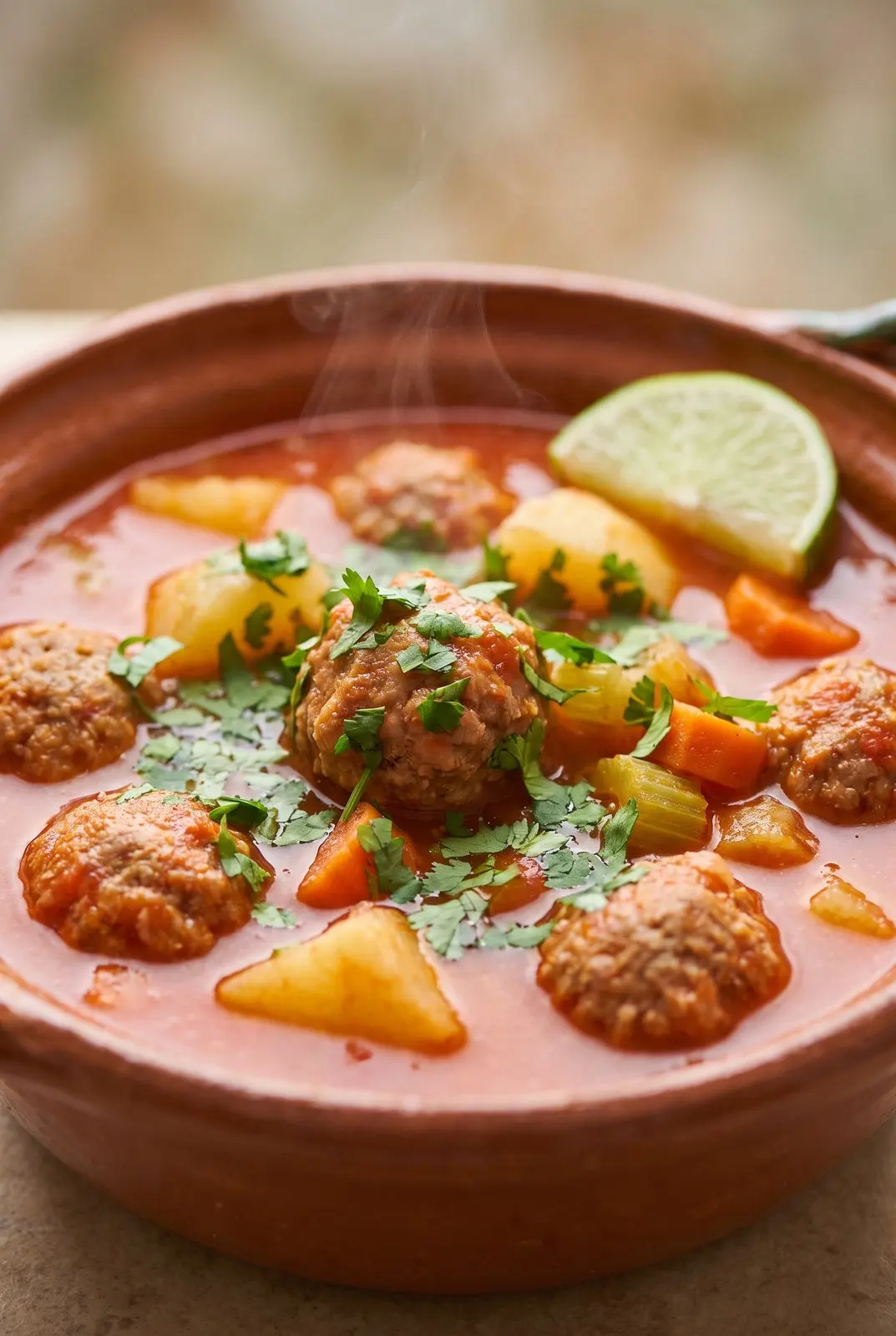 Albondigas Soup (Mexican Meatball) served in a rustic ceramic bowl