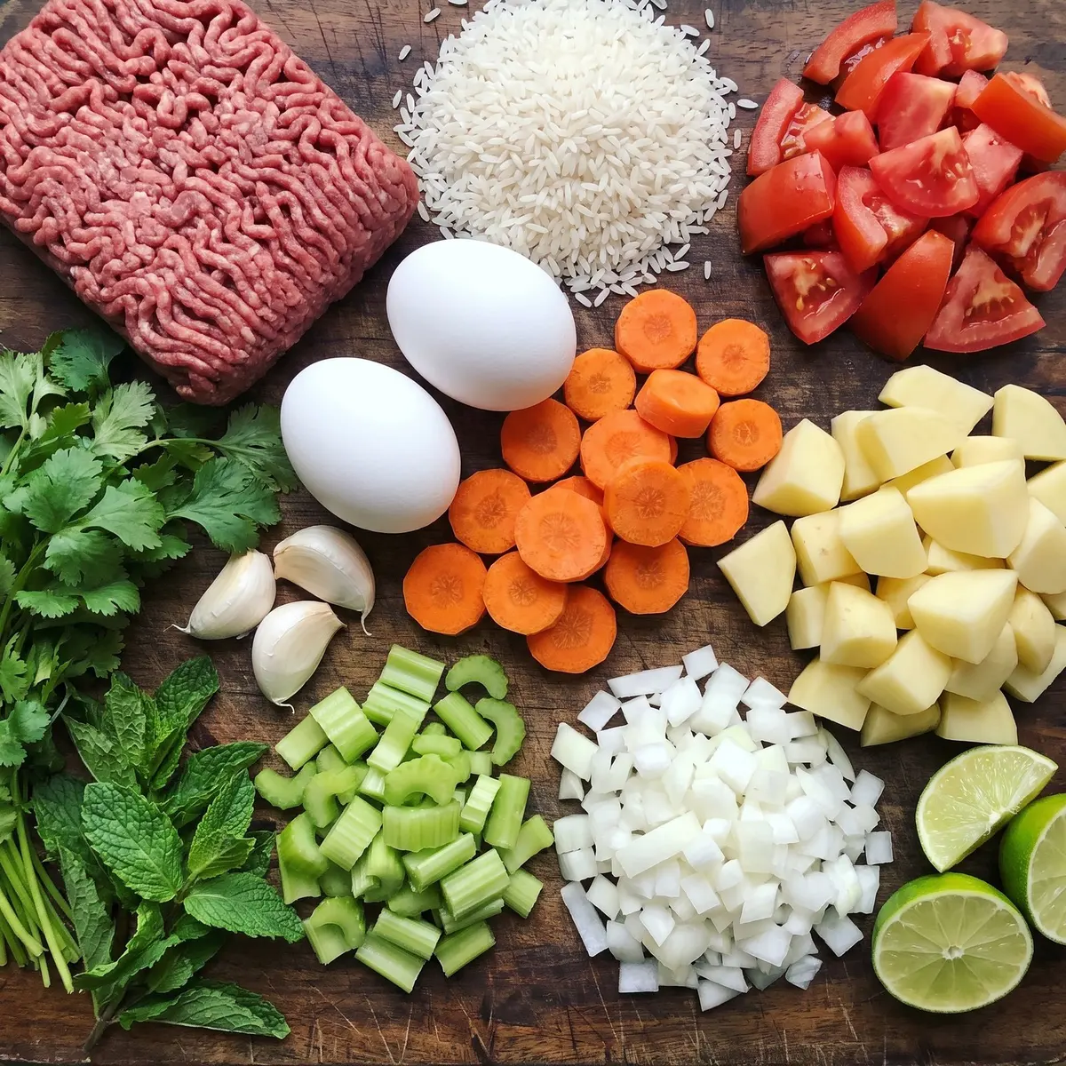 Fresh ingredients for Albondigas Soup (Mexican Meatball) arranged on a wood cutting board