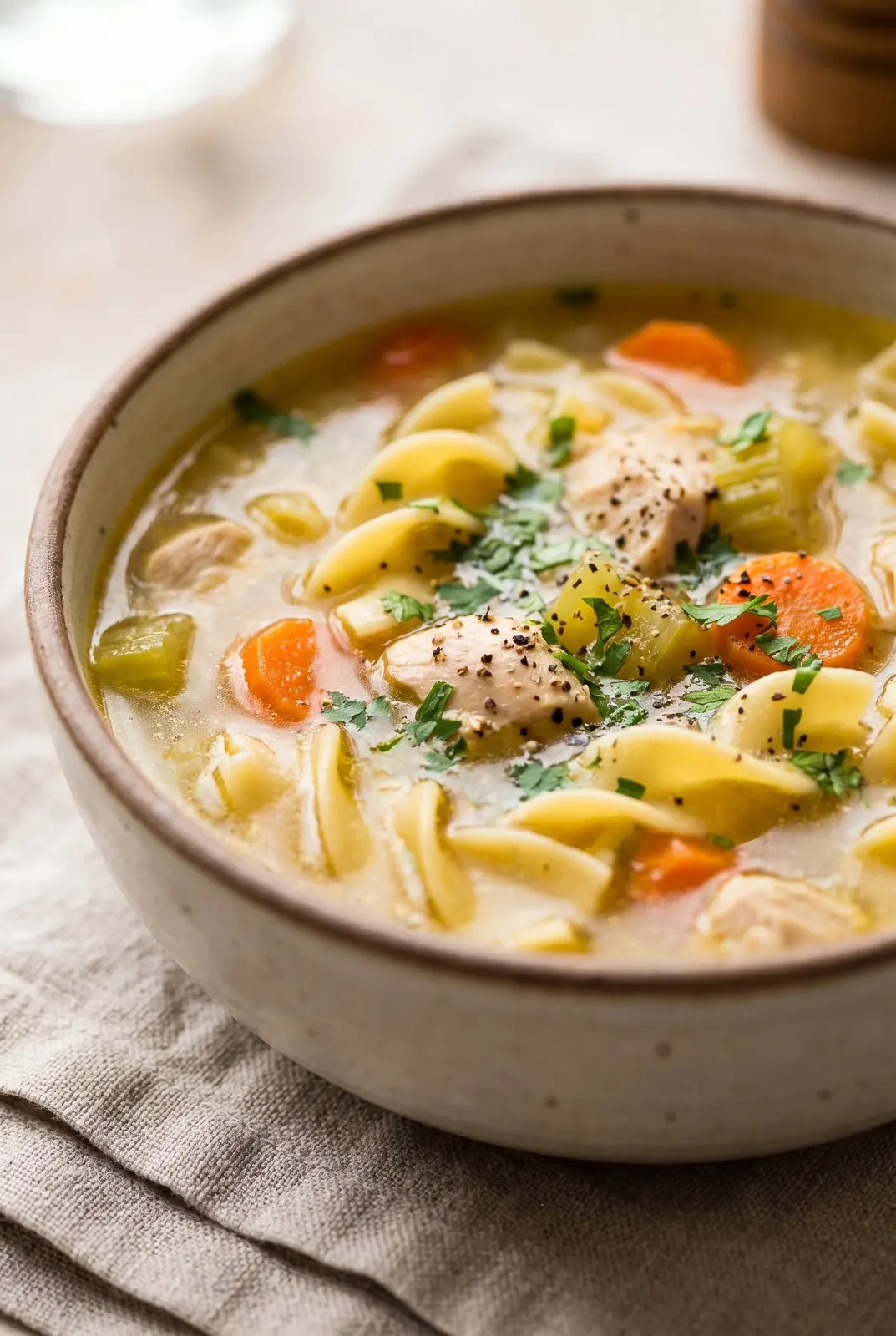 Classic Chicken Noodle Soup served in a rustic ceramic bowl