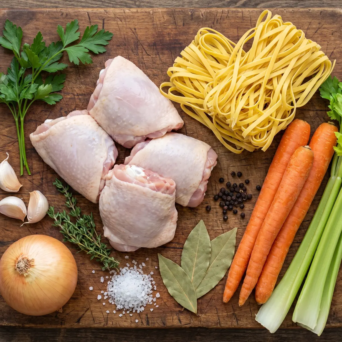 Fresh ingredients for Classic Chicken Noodle Soup arranged on a wood cutting board